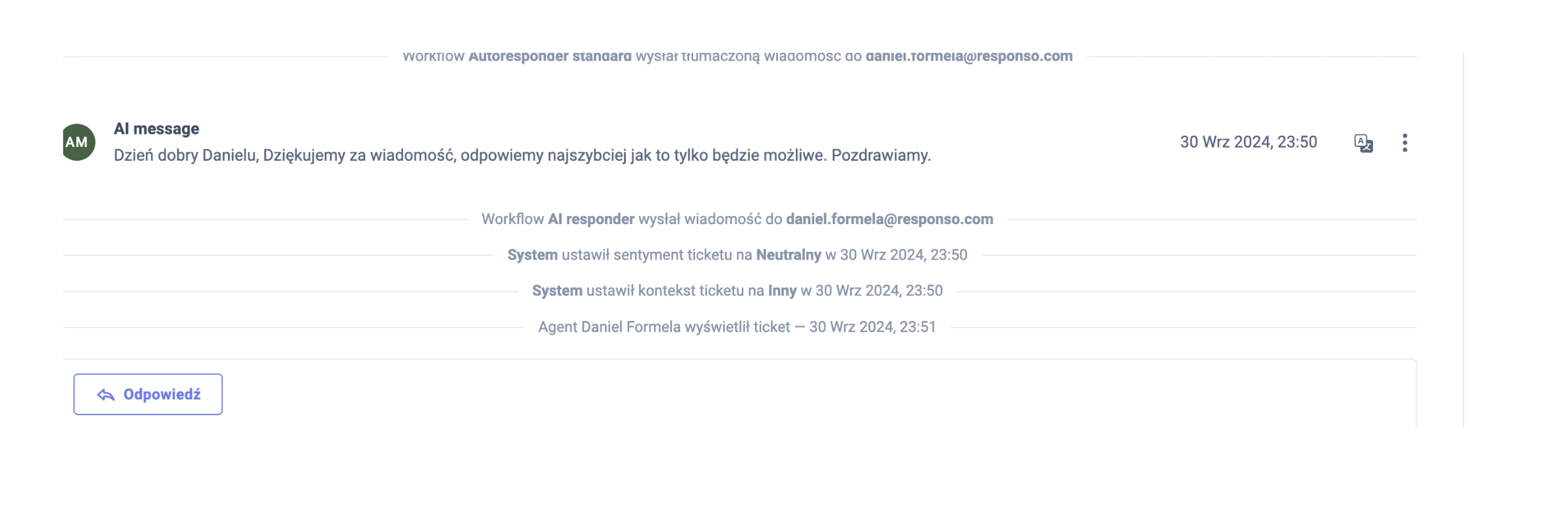 Informacja o otwarciu ticketu przez agenta