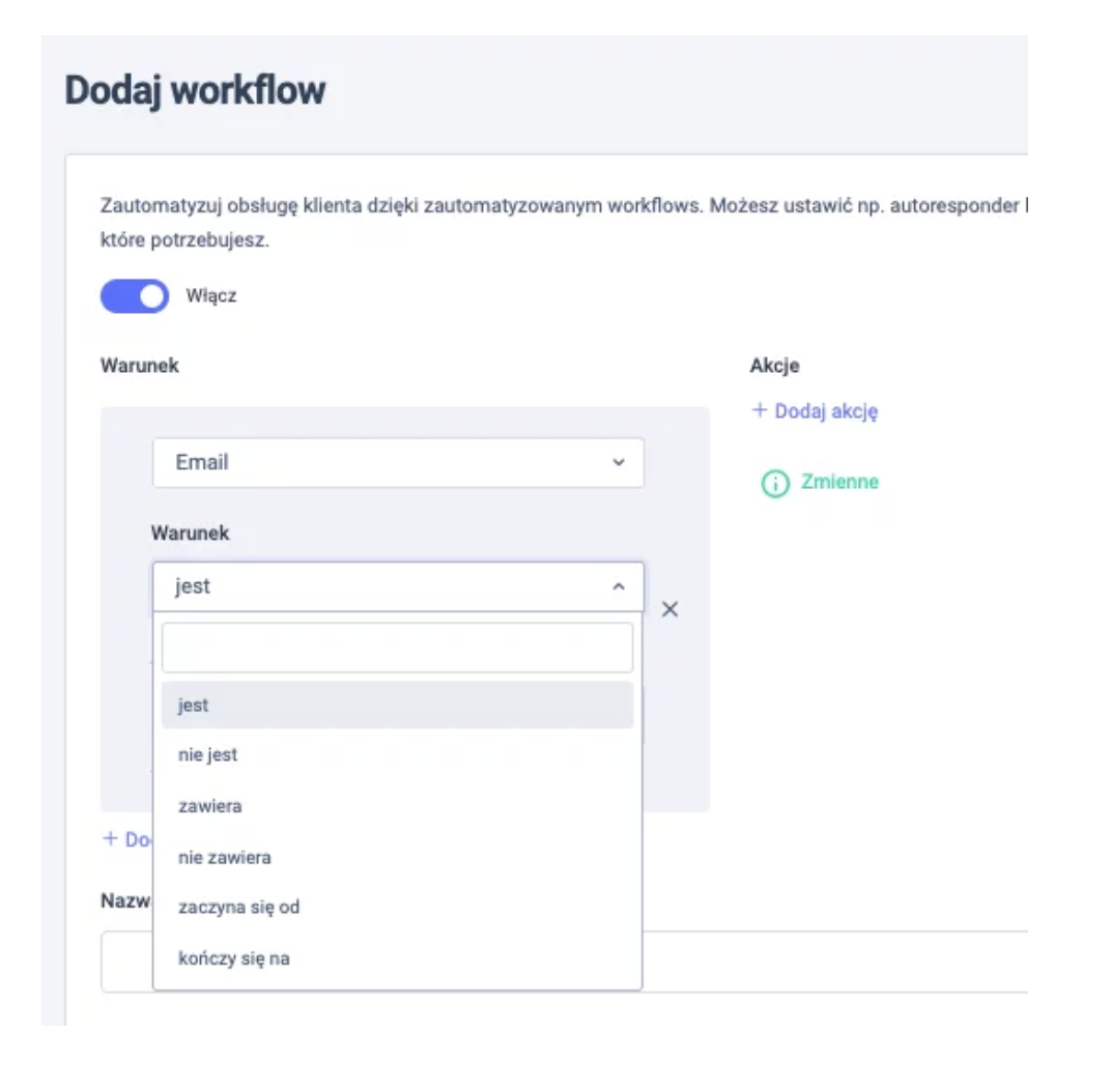 Rozszerzenie warunku e-mail w automatycznych akcjach